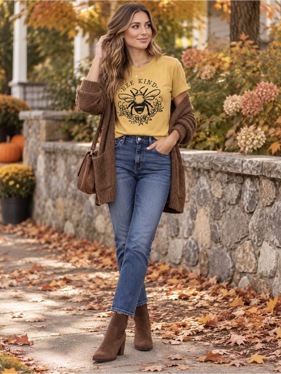 Tops - Bee Kind Graphic Tee Small Mustard Yellow Floral Bee Boho Shirt NWOT